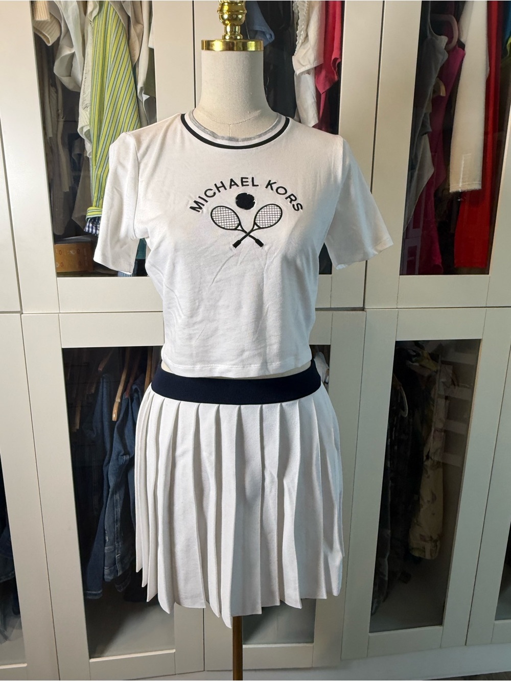 Michael Kors White Crop Tennis Top with Navy Trim & Pleated Skirt